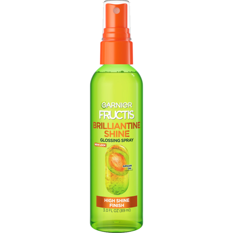 Brilliantine Shine Glossing Spray bottle, front view, white background.